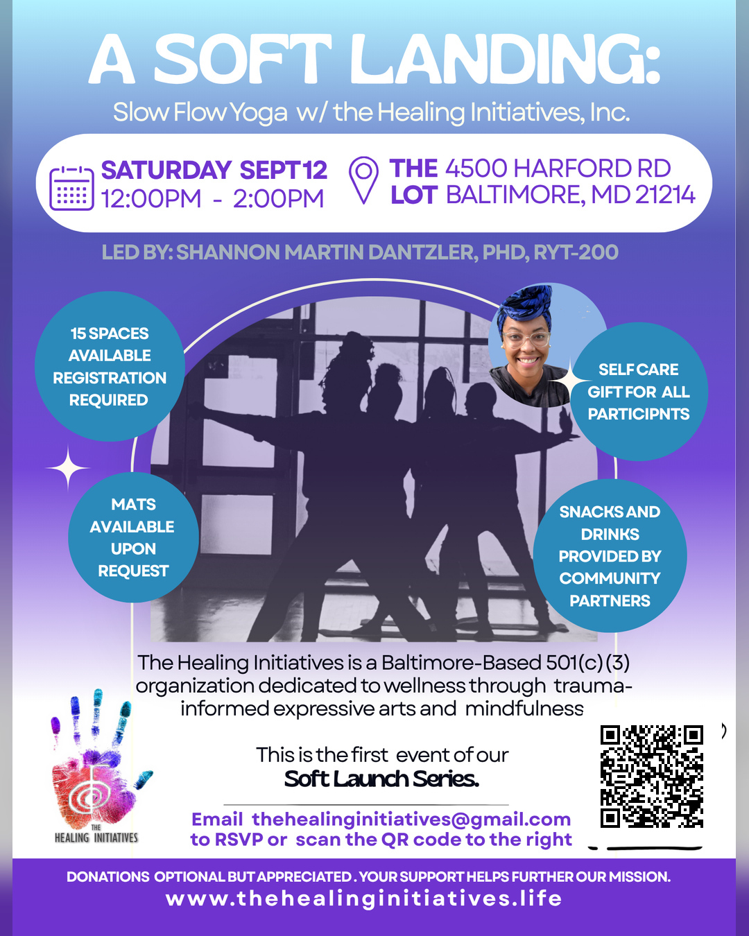 Flyer for A Soft Landing: Slow Flow Yoga with The Healing Initiatives, Saturday September 12, 2026, 12pm to 2pm at The Lot, 4500 Harford Road, Baltimore, MD 21214. Led by Shannon Martin Dantzler, PhD, RYT-200. Mats available upon request; snacks and drinks provided by community partners.