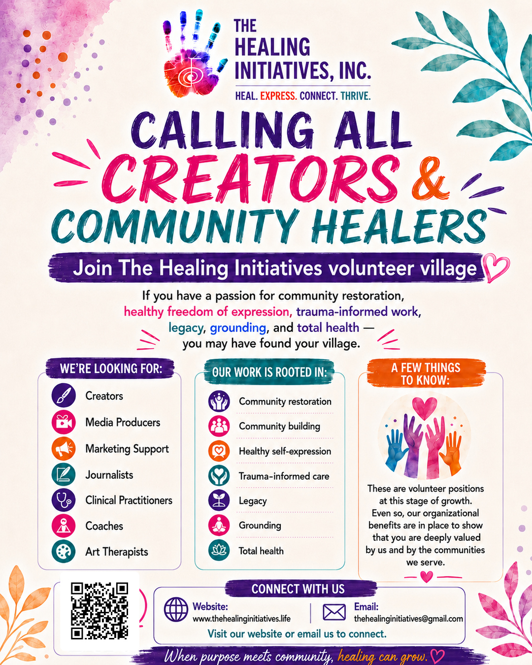 Flyer inviting creators, media producers, marketing support, journalists, coaches, and community healers to join The Healing Initiatives volunteer village.